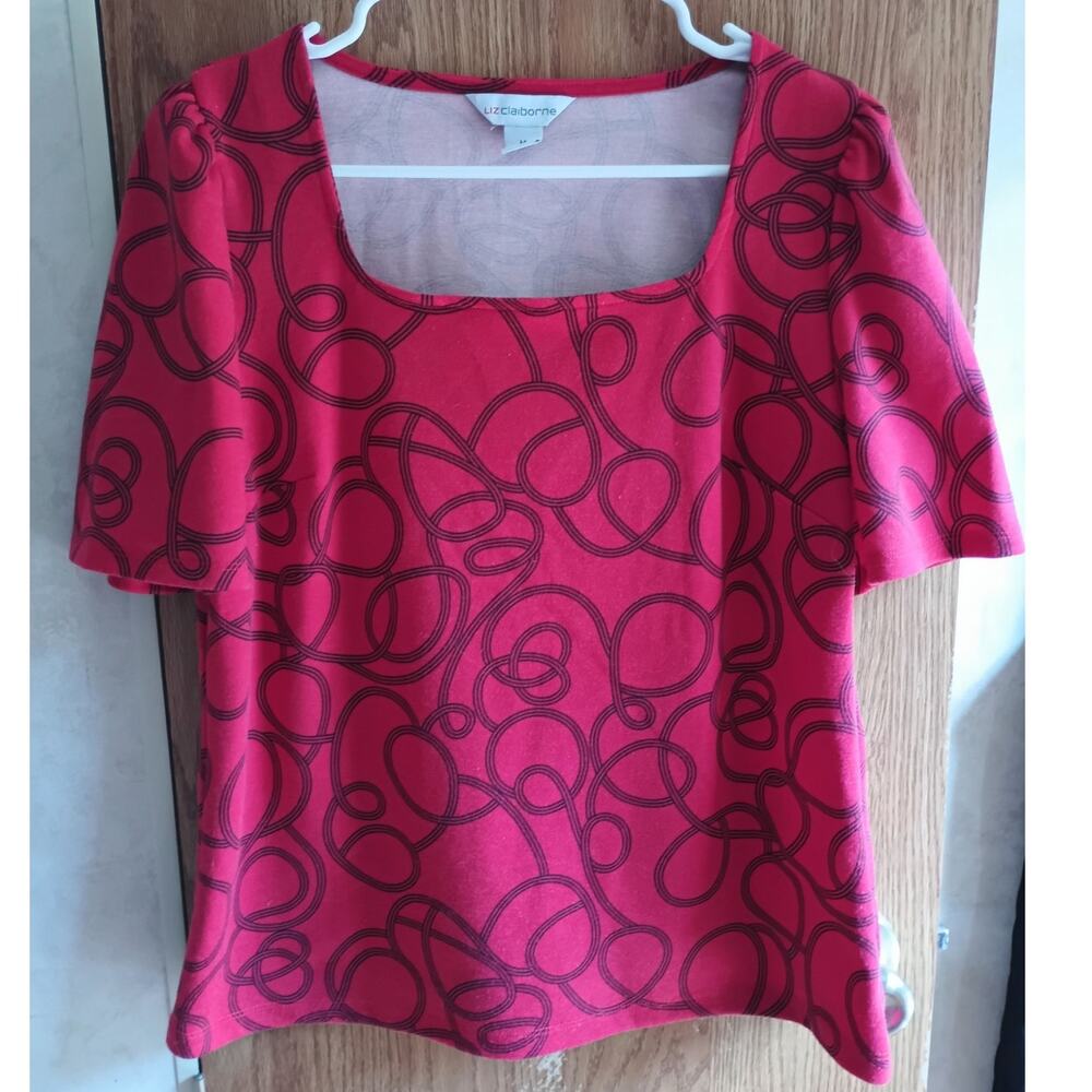 Square Neck Geo Print Top Bold Pink Red Black Casual Summer Shirt Medium